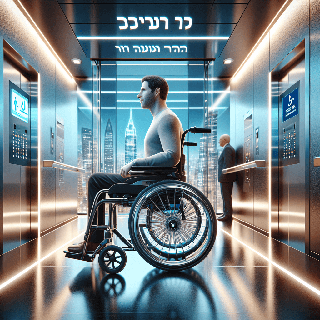 כסא גלגלים ממונע במעלית מוארת, טכנולוגיה מתקדמת לנוחות מקסימלית.